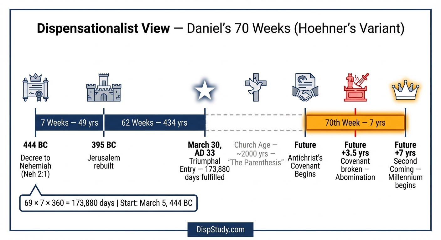 Dispensationalist view of Daniel's Seventy Weeks β Hoehner's variant, showing the timeline from 444 BC to the future 70th week with the Church Age gap