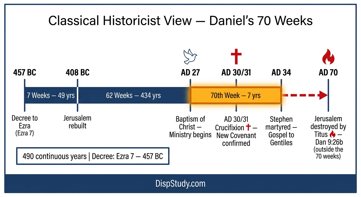 Historical-Messianic view of Daniel's Seventy Weeks β continuous Christocentric timeline from 457 BC to AD 34 with the destruction of Jerusalem in AD 70
