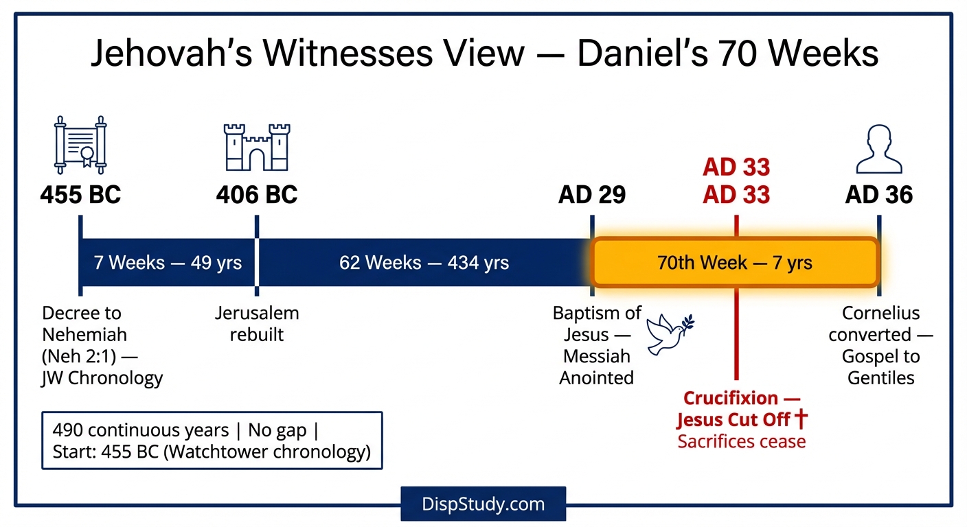 Jehovah's Witnesses view of Daniel's Seventy Weeks β continuous timeline from 455 BC to AD 36