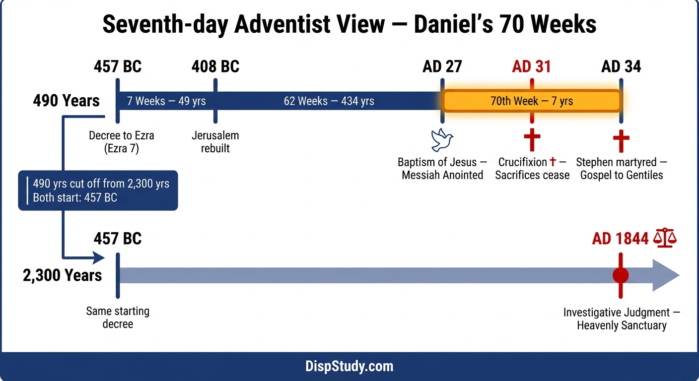 Seventh-day Adventist view of Daniel's Seventy Weeks β historicist timeline from 457 BC to AD 34 with connection to the 2300-day prophecy