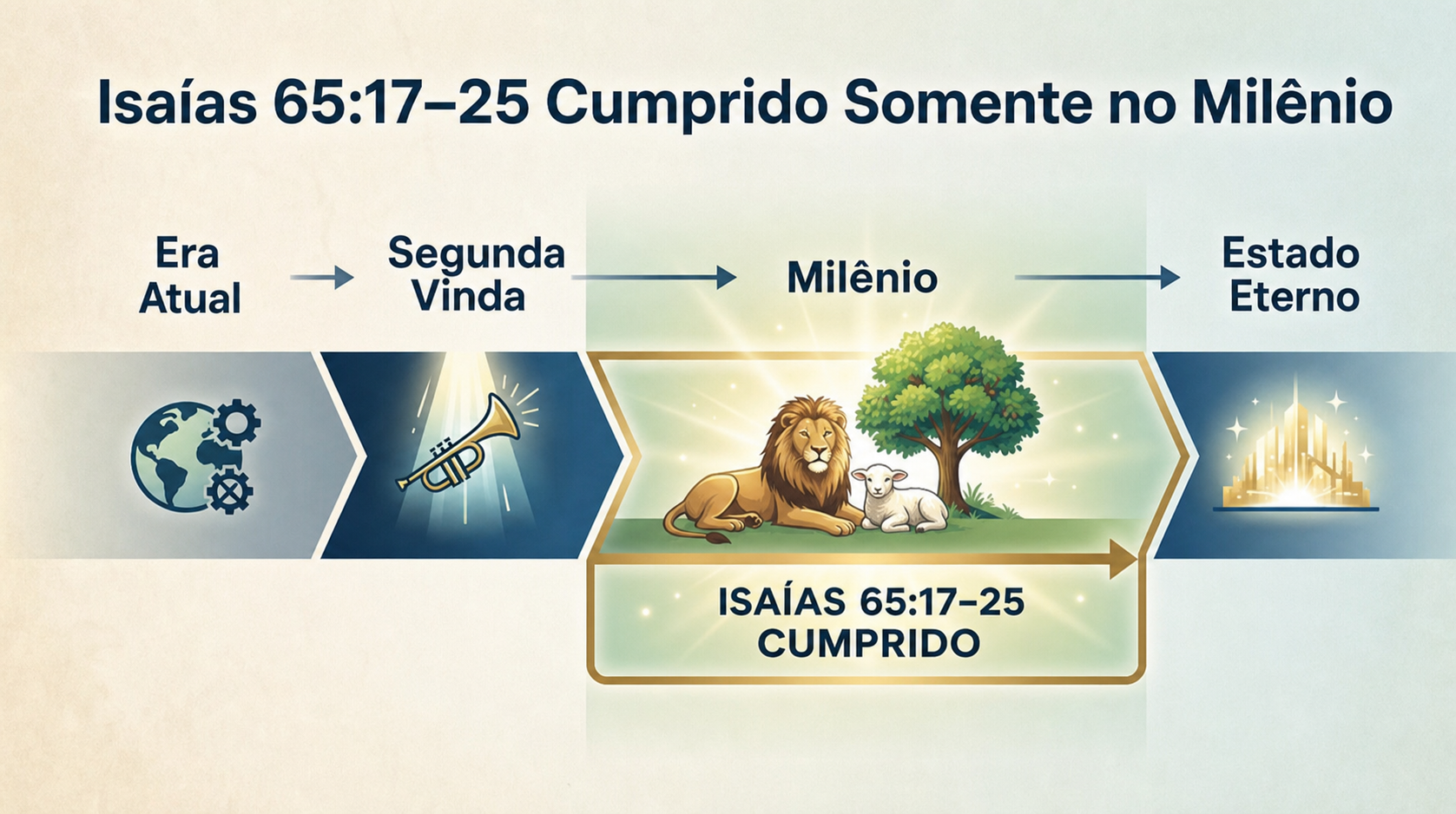 Linha do tempo da visão dispensacional 1: Isaías 65:17-25 cumprido apenas no Milênio.