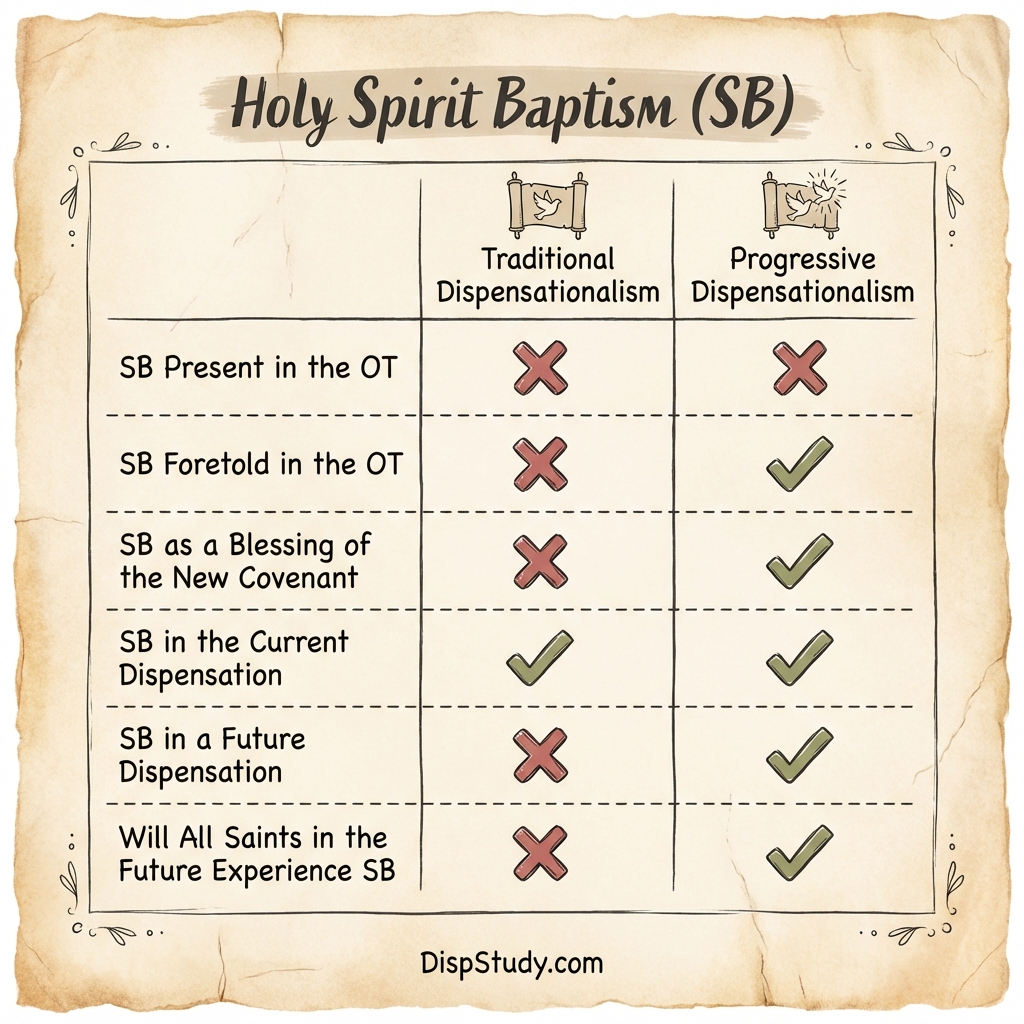 Chart contrasting Traditional and Progressive Dispensationalism on six aspects of Holy Spirit Baptism: presence in the OT, foretelling in the OT, relation to the New Covenant, current dispensation, future dispensation, and whether all future saints will experience it