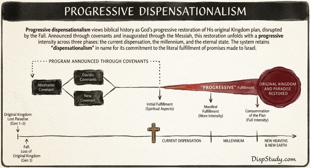 Progressive dispensationalism chart showing the original Kingdom, the Fall, the covenantal program, and the progressive fulfillment of restoration through the present dispensation, millennium, and eternal state.