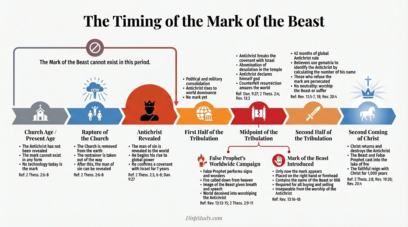 The Timing of the Mark of the Beast — a timeline showing that the mark cannot exist during the Church Age and appears only near the midpoint of the Tribulation, after the Rapture, the revelation of the Antichrist, and the False Prophet’s worldwide campaign