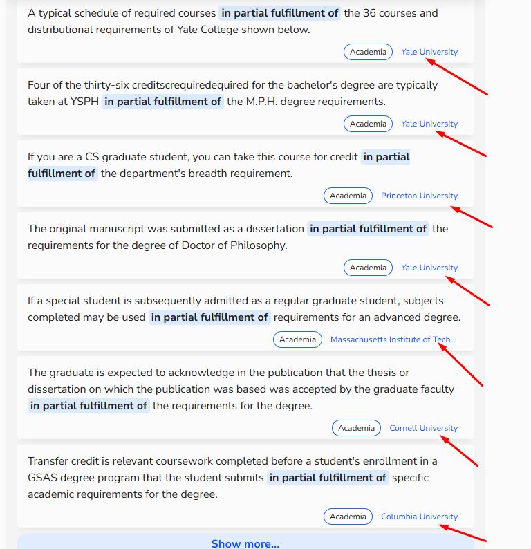Captura de tela dos resultados do corpus mostrando "in partial fulfillment of" em múltiplas instituições acadêmicas